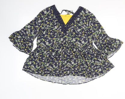 F&F Womens Blue Floral Viscose Jersey Blouse Size 14 V-Neck