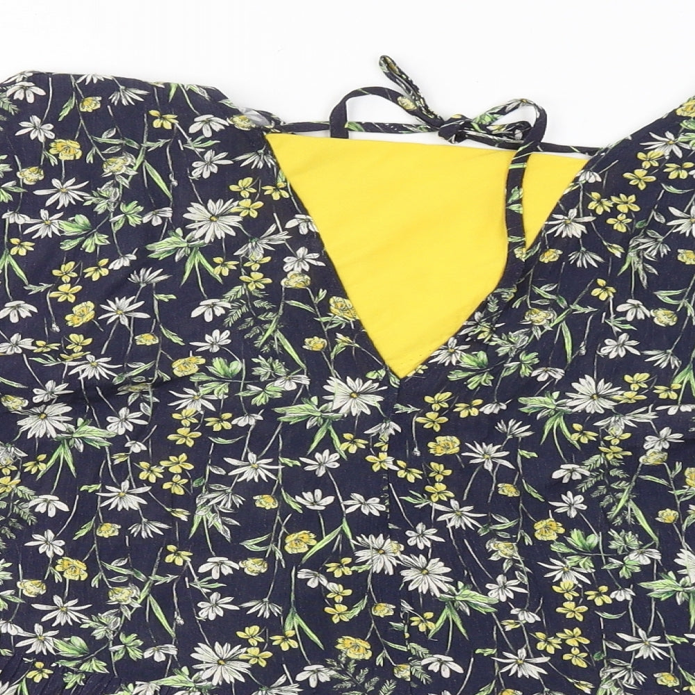 F&F Womens Blue Floral Viscose Jersey Blouse Size 14 V-Neck