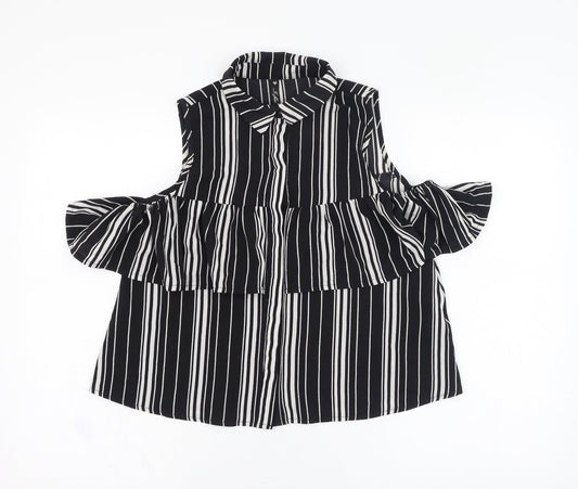 Influence  Womens Black Striped Polyester Basic Button-Up Size 8 Collared