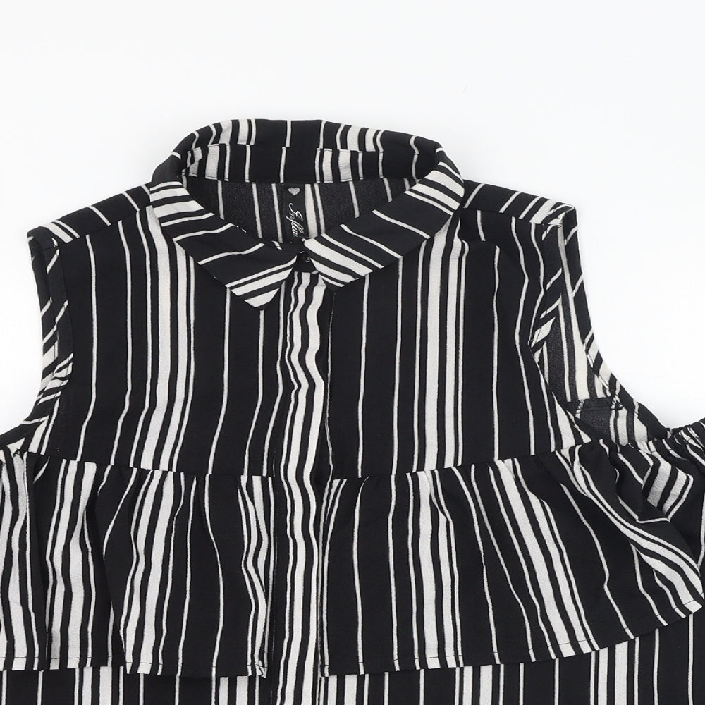 Influence  Womens Black Striped Polyester Basic Button-Up Size 8 Collared