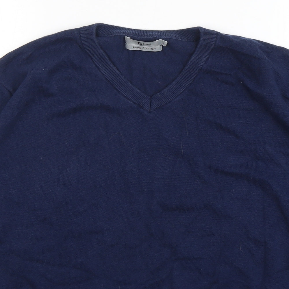 TU Mens Blue V-Neck  Cotton Pullover Jumper Size L