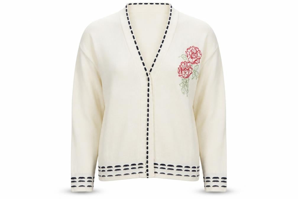 Front view of Pure & Natural women’s beige v-neck floral acrylic cardigan jumper, size M