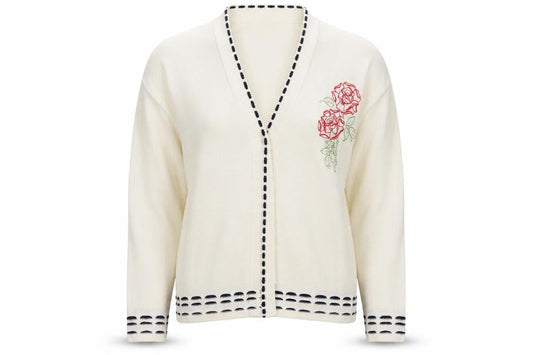 Front view of Pure & Natural women’s beige v-neck floral acrylic cardigan jumper, size M