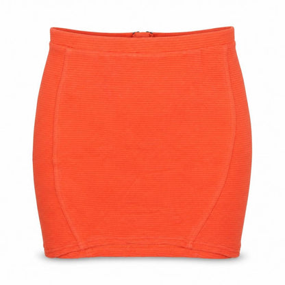 Front view of Topshop women’s orange cotton mini skirt, size UK 8