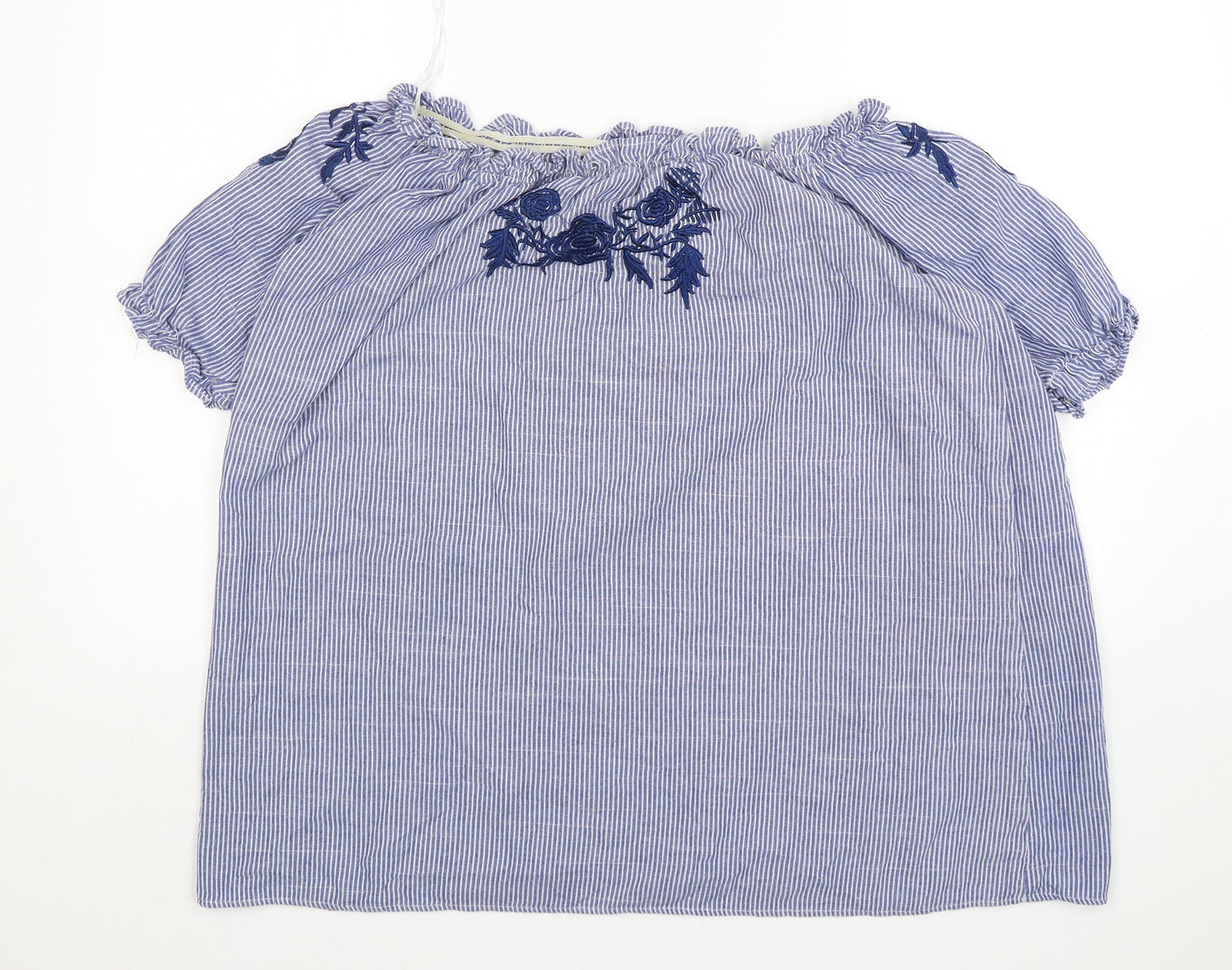 Blue Vanilla Womens Blue Striped Polyester Basic Blouse Size M Boat Neck