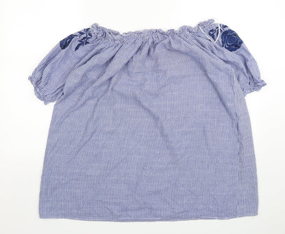 Blue Vanilla Womens Blue Striped Polyester Basic Blouse Size M Boat Neck