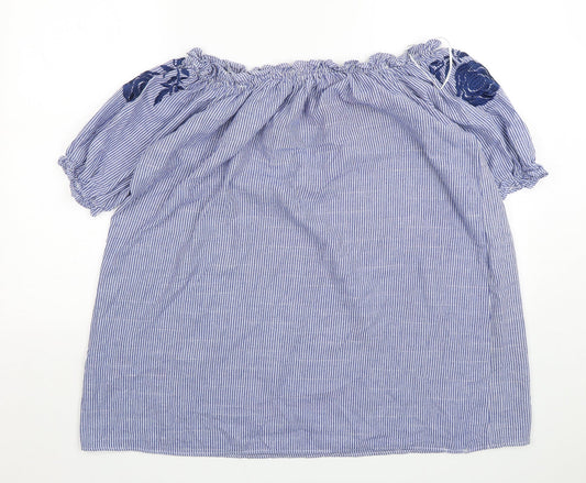 Blue Vanilla Womens Blue Striped Polyester Basic Blouse Size M Boat Neck