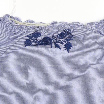 Blue Vanilla Womens Blue Striped Polyester Basic Blouse Size M Boat Neck
