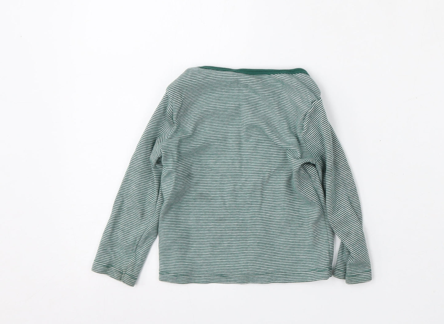 F&F Boys Green Striped Ramie Basic T-Shirt Size 12-18 Months Round Neck Button