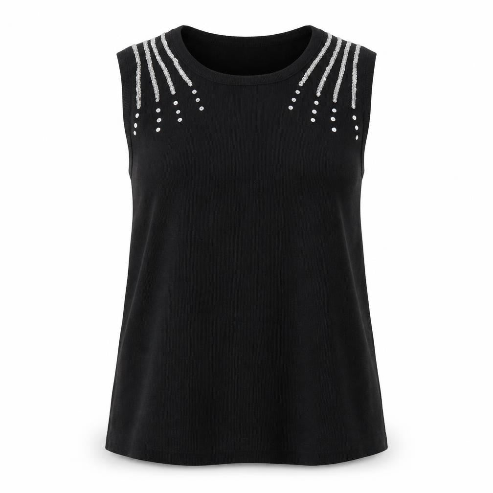 Front view of Anonymous women’s black round neck cotton vest jumper, size XL