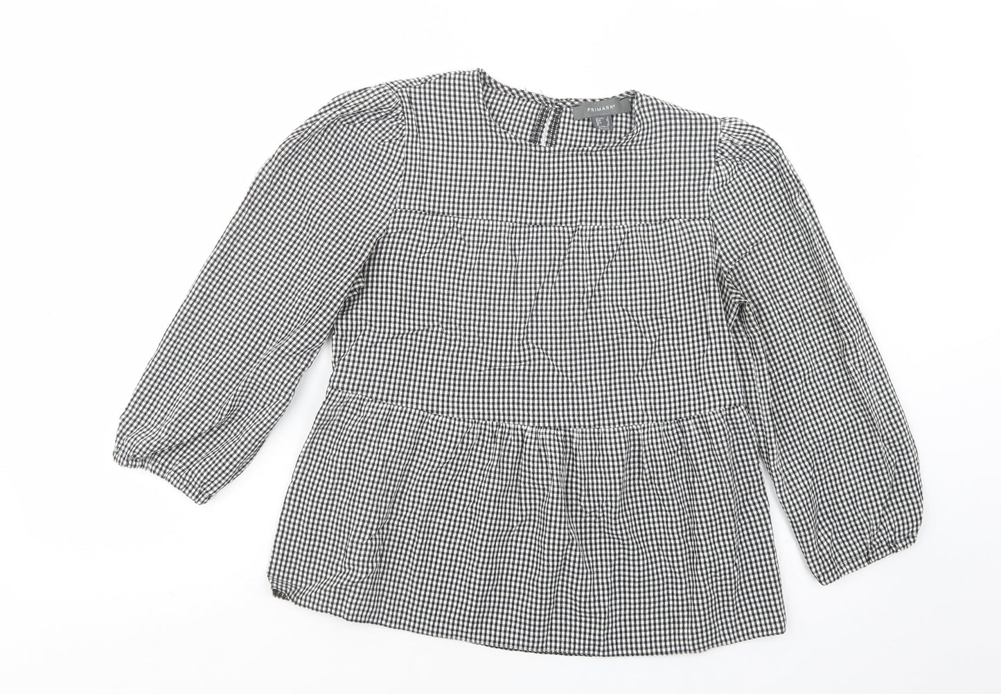 Primark Womens Grey Check Viscose Basic Blouse Size 8 Crew Neck