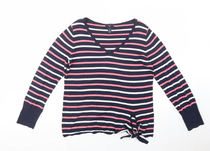 Gap Womens Blue V-Neck Striped Cotton Pullover Jumper Size M