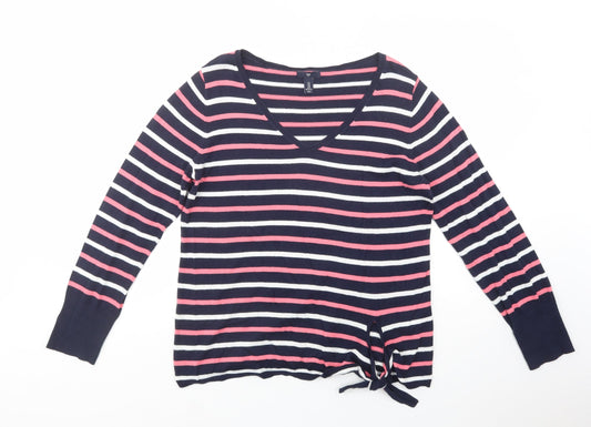 Gap Womens Blue V-Neck Striped Cotton Pullover Jumper Size M