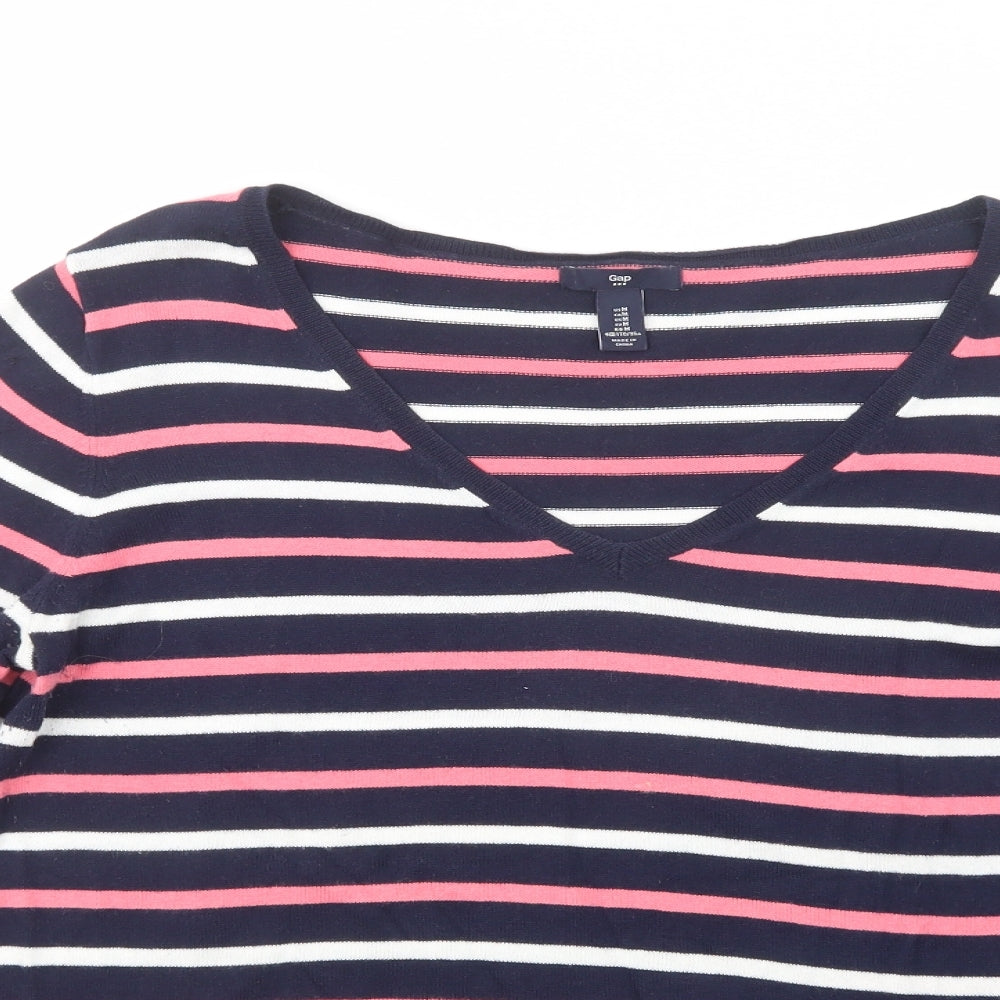 Gap Womens Blue V-Neck Striped Cotton Pullover Jumper Size M