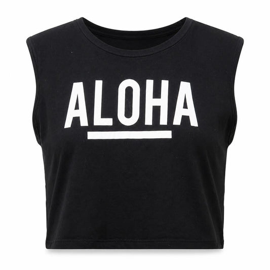 Front view of Cropp women’s black cotton cropped tank, size S, crew neck - aloha surfer