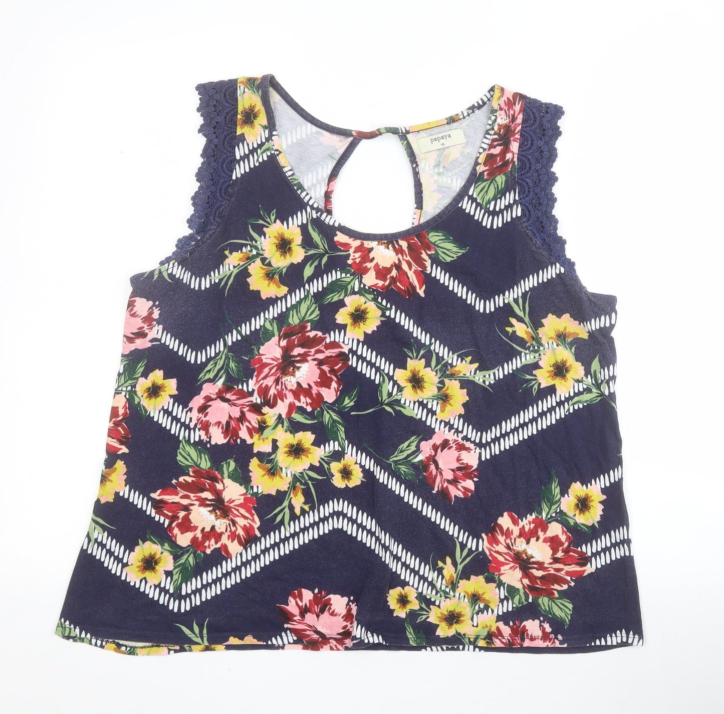 Matalan Womens Blue Floral 100% Cotton Basic Tank Size 16 Round Neck