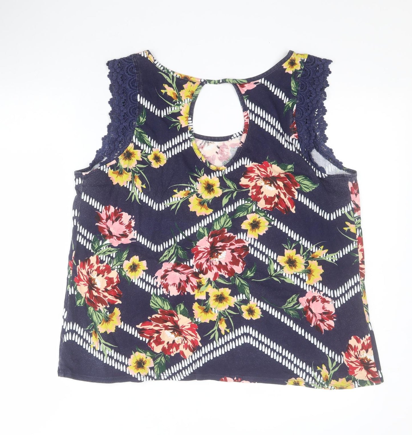 Matalan Womens Blue Floral 100% Cotton Basic Tank Size 16 Round Neck