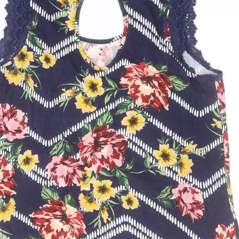 Matalan Womens Blue Floral 100% Cotton Basic Tank Size 16 Round Neck