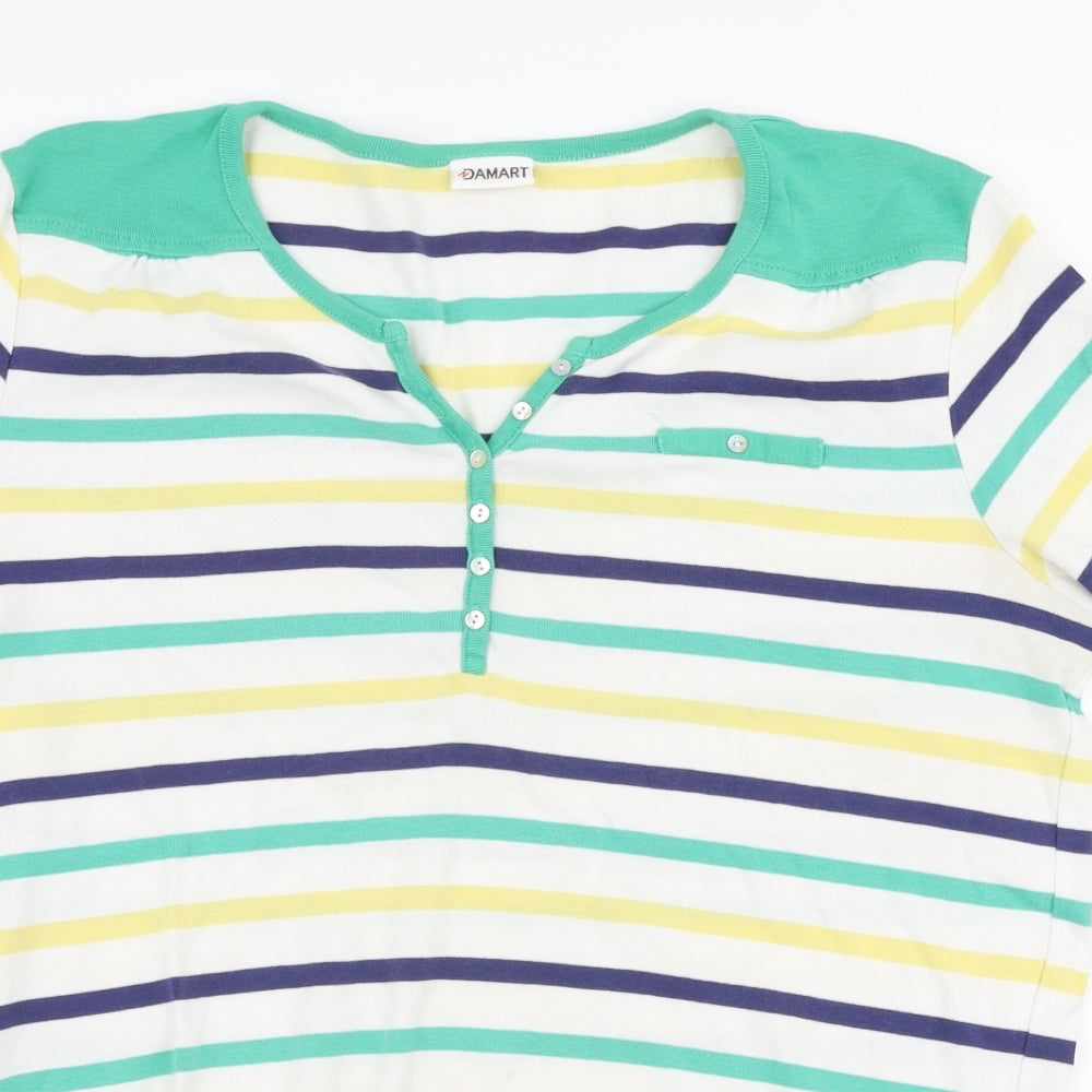 Damart Womens Multicoloured Striped 100% Cotton Jersey T-Shirt Size 14 Round Neck