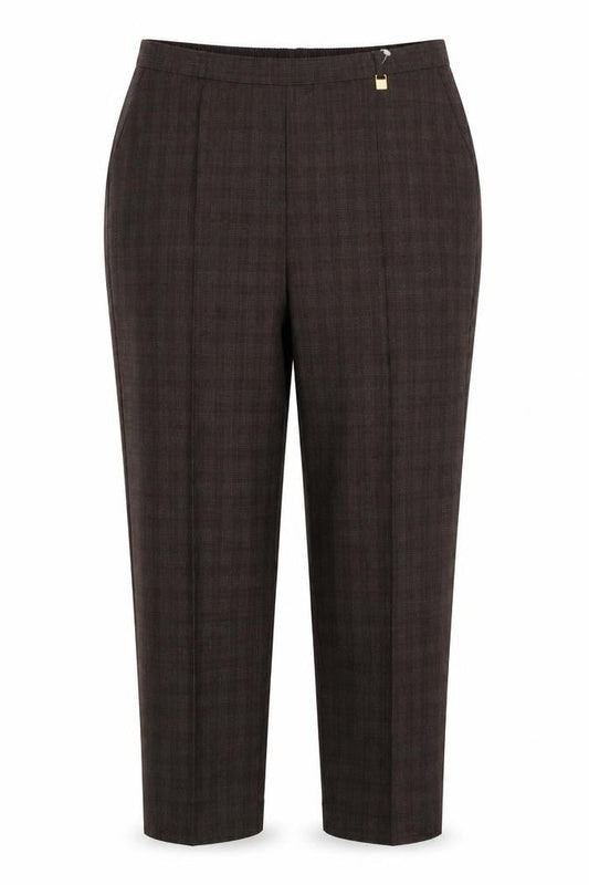 Front view of Bonmarché women’s brown polyester trousers, size UK 16, 25-inch leg regular