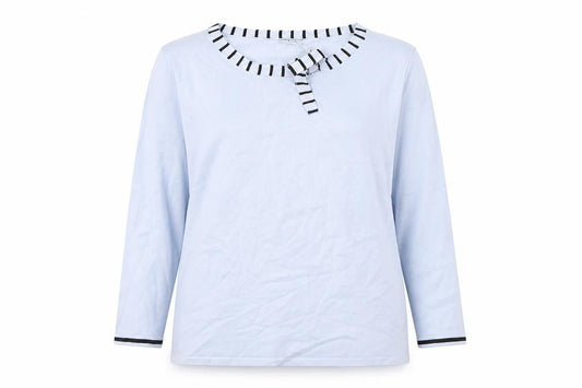 Front view of M&Co women’s blue round neck nylon jumper, size UK 20