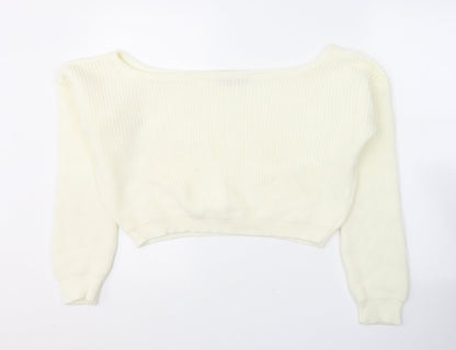 PRETTYLITTLETHING Womens White Boat Neck  Acrylic Pullover Jumper Size S