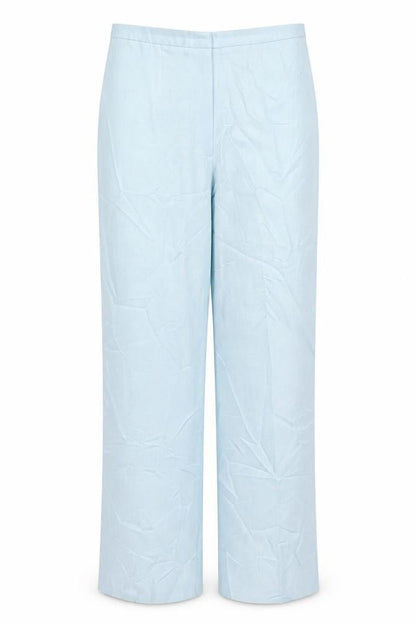 Front view of Plus Collection women’s blue polyester trousers, size UK 12, 29-inch leg regular buckle