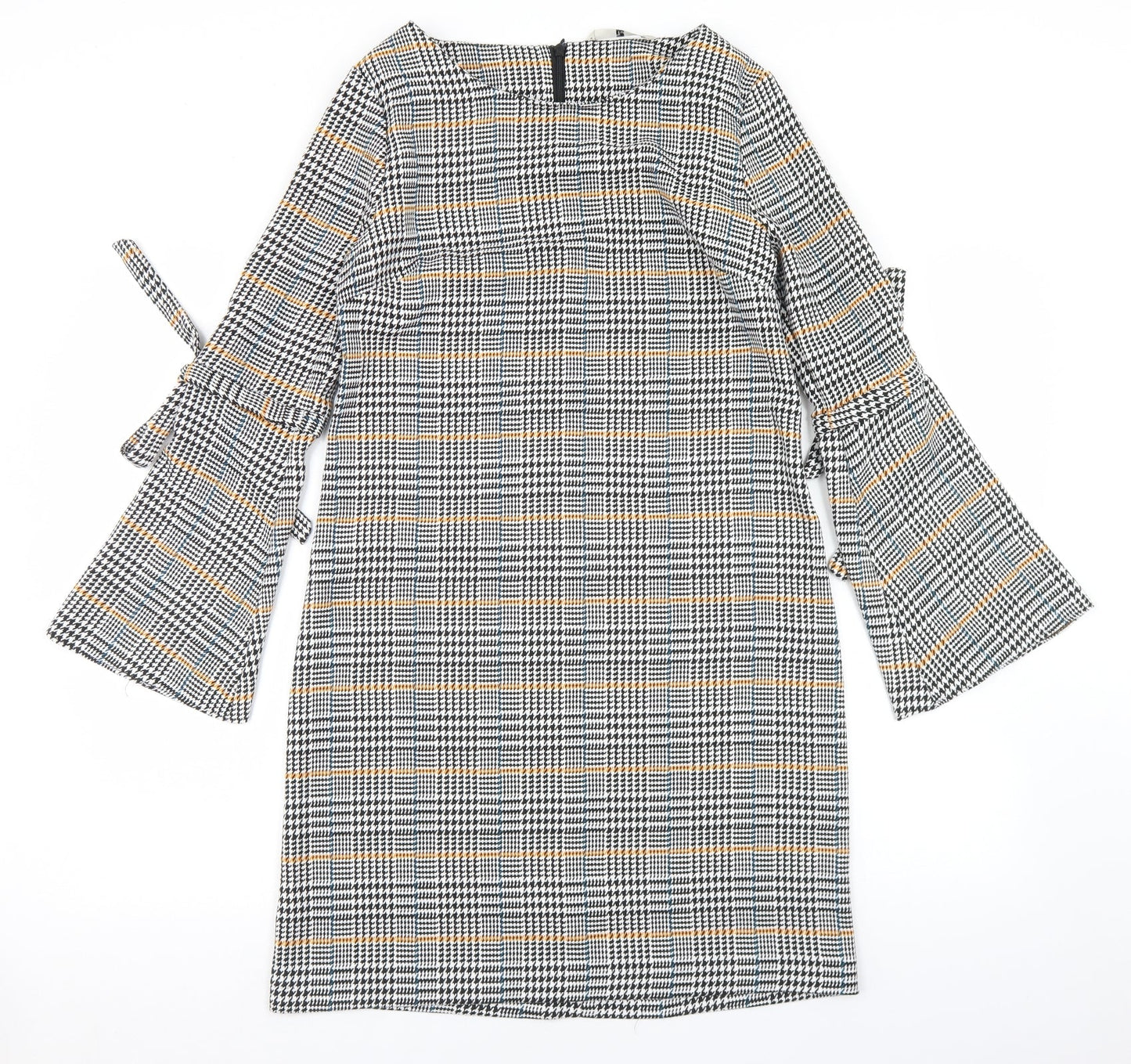 TU Womens Black Houndstooth Polyester Sheath  Size 8  Round Neck Zip - Flare Sleeve