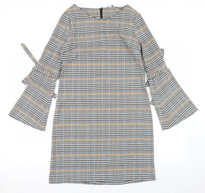 TU Womens Black Houndstooth Polyester Sheath  Size 8  Round Neck Zip - Flare Sleeve