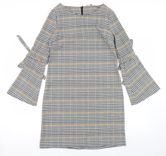 TU Womens Black Houndstooth Polyester Sheath  Size 8  Round Neck Zip - Flare Sleeve