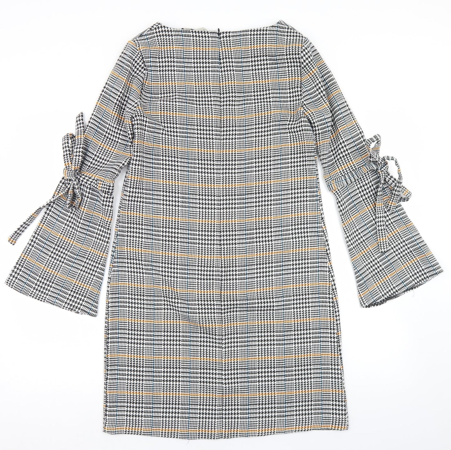 TU Womens Black Houndstooth Polyester Sheath  Size 8  Round Neck Zip - Flare Sleeve