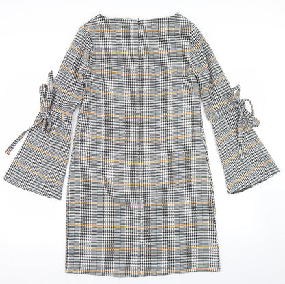 TU Womens Black Houndstooth Polyester Sheath  Size 8  Round Neck Zip - Flare Sleeve