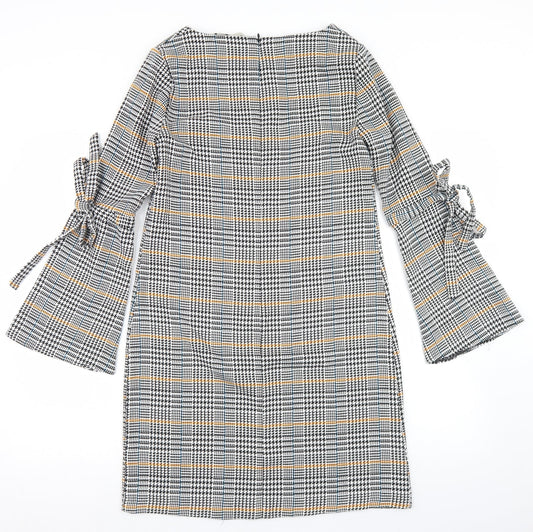 TU Womens Black Houndstooth Polyester Sheath  Size 8  Round Neck Zip - Flare Sleeve