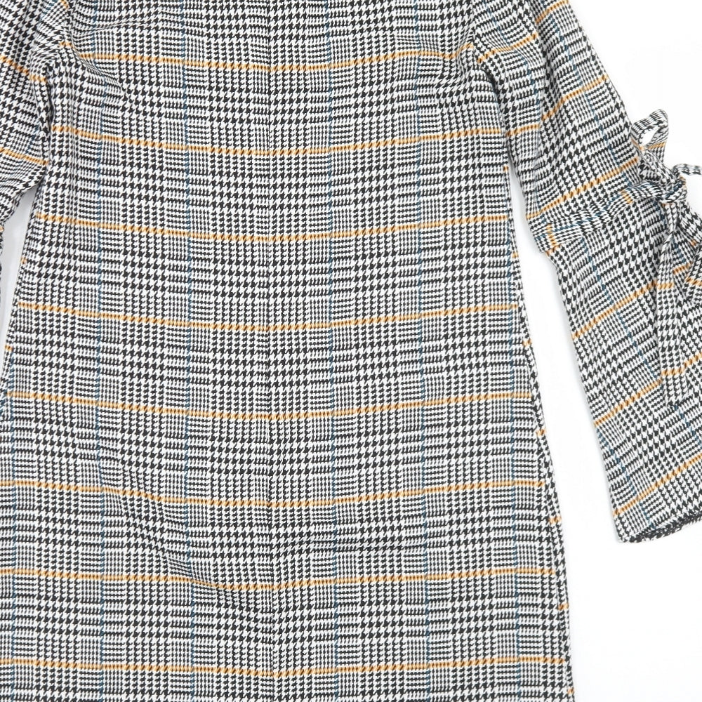 TU Womens Black Houndstooth Polyester Sheath  Size 8  Round Neck Zip - Flare Sleeve