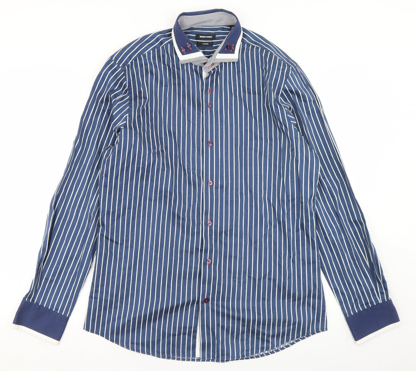 REMUS Mens Blue Striped Polyester  Button-Up Size M Collared Button