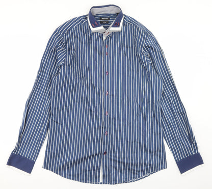 REMUS Mens Blue Striped Polyester  Button-Up Size M Collared Button