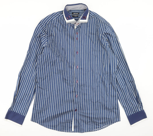 REMUS Mens Blue Striped Polyester  Button-Up Size M Collared Button