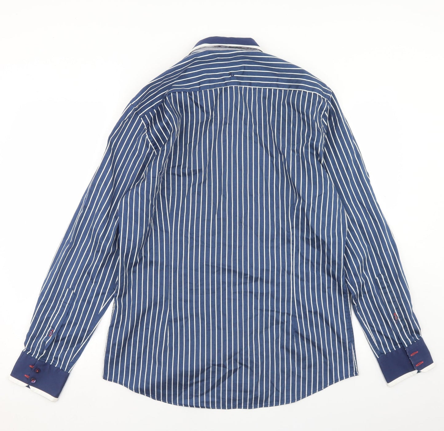 REMUS Mens Blue Striped Polyester  Button-Up Size M Collared Button