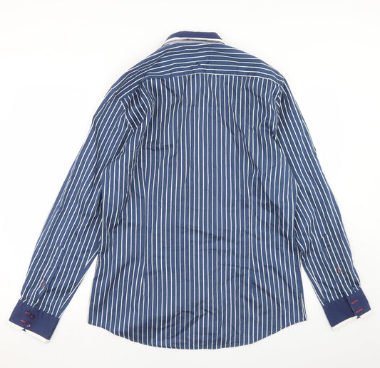 REMUS Mens Blue Striped Polyester  Button-Up Size M Collared Button