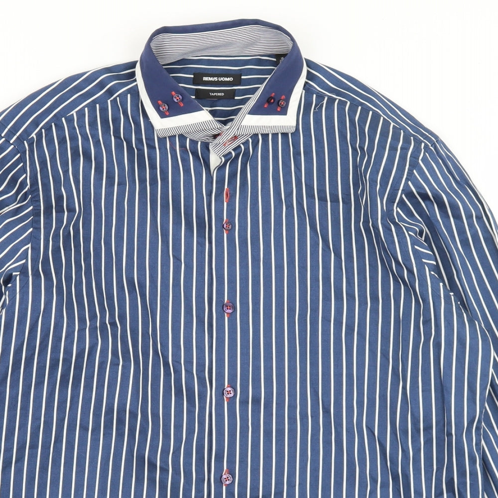 REMUS Mens Blue Striped Polyester  Button-Up Size M Collared Button