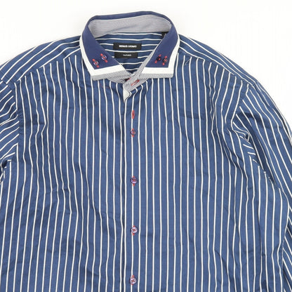 REMUS Mens Blue Striped Polyester  Button-Up Size M Collared Button