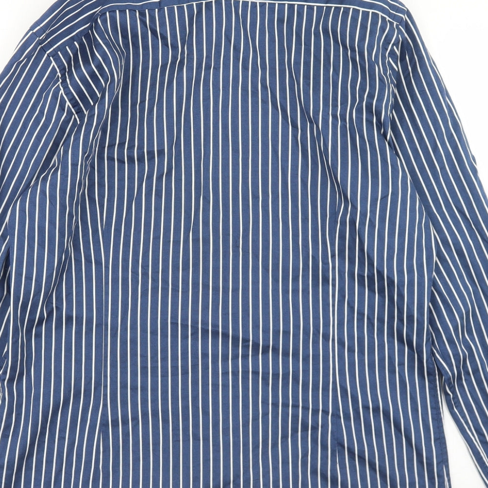 REMUS Mens Blue Striped Polyester  Button-Up Size M Collared Button