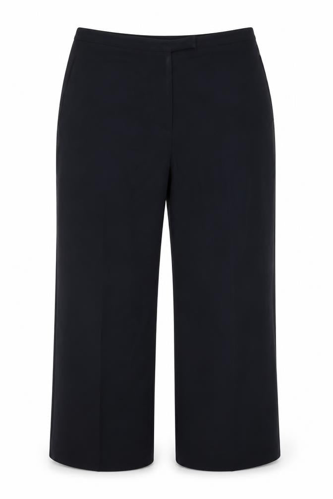 Front view of Preworn women’s blue polyester dress pants trousers, size UK 12, 26-inch leg regular hook & eye