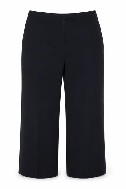 Front view of Preworn women’s blue polyester dress pants trousers, size UK 12, 26-inch leg regular hook & eye