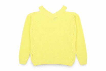 Front view of F&F women’s yellow v-neck acrylic jumper, size UK 10