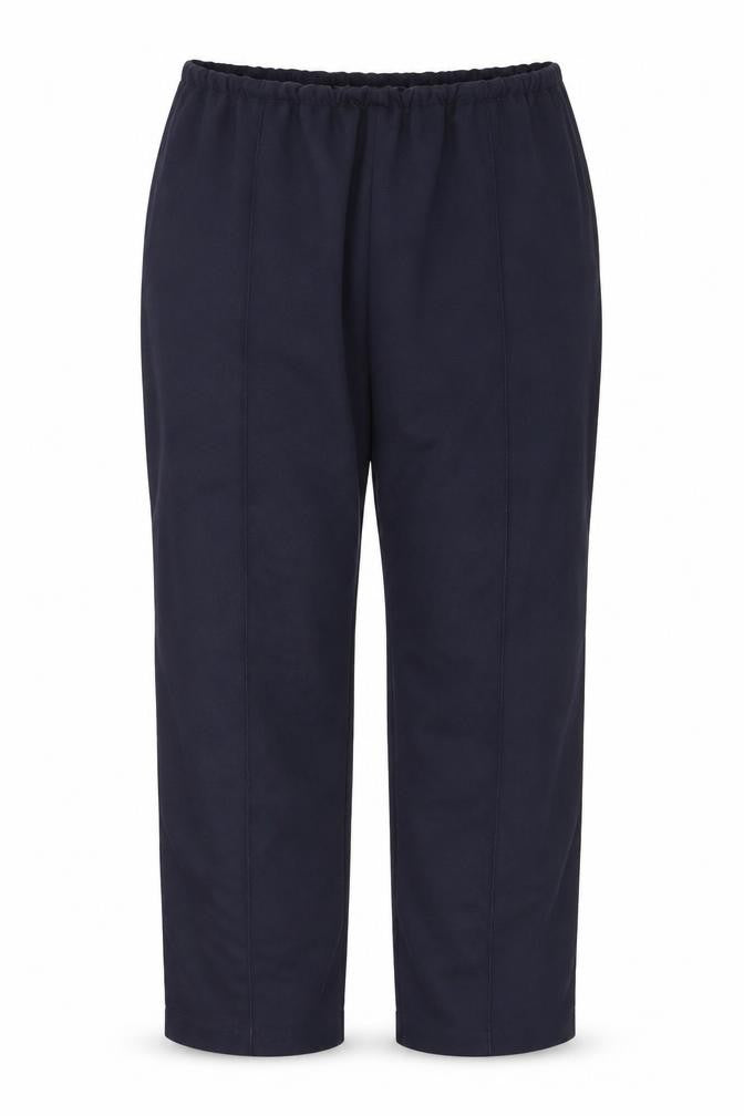 Front view of Preworn women’s blue polyester trousers, size UK 18, 26-inch leg regular
