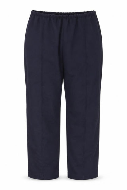 Front view of Preworn women’s blue polyester trousers, size UK 18, 26-inch leg regular