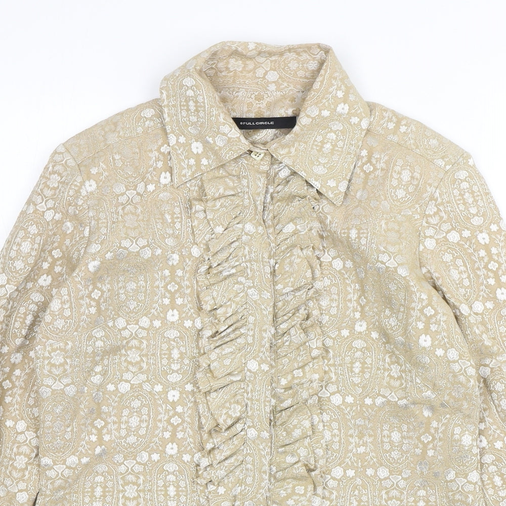 Full Circle Womens Gold Paisley Cotton Basic Button-Up Size M Collared