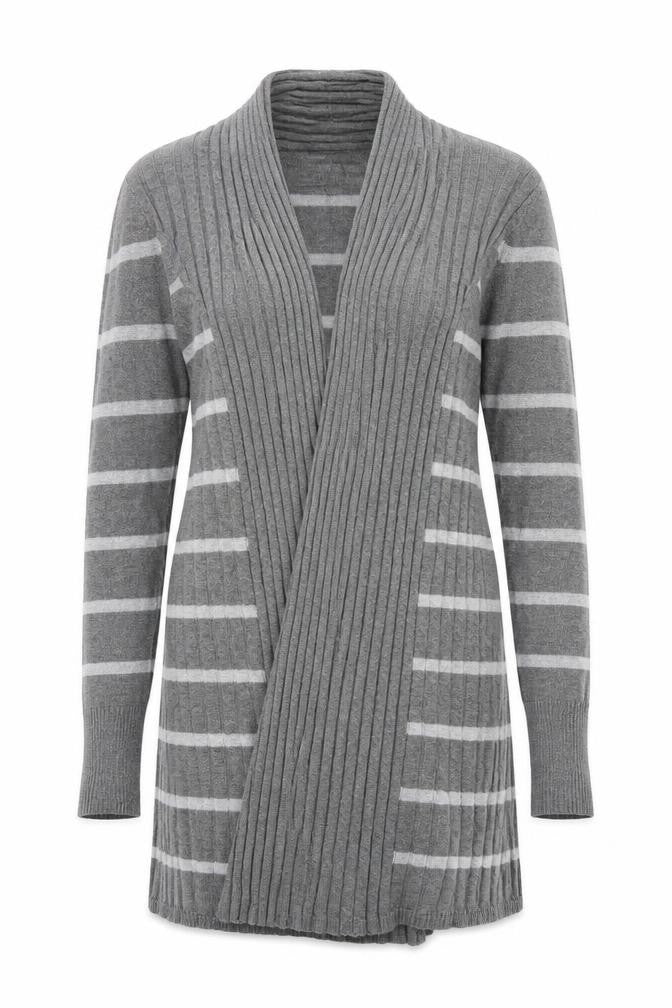 Front view of Soon women’s grey v-neck striped polyester cardigan jumper, size UK 12