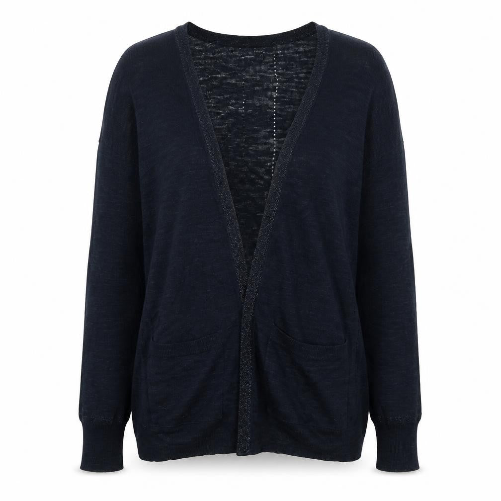 Front view of Next women’s blue v-neck acrylic cardigan jumper, size UK 10